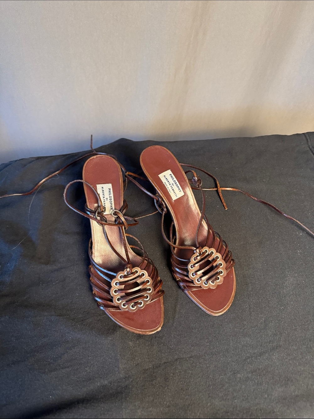 Manolo Blahnik Brown Leather Lace-Up Heeled Sandals